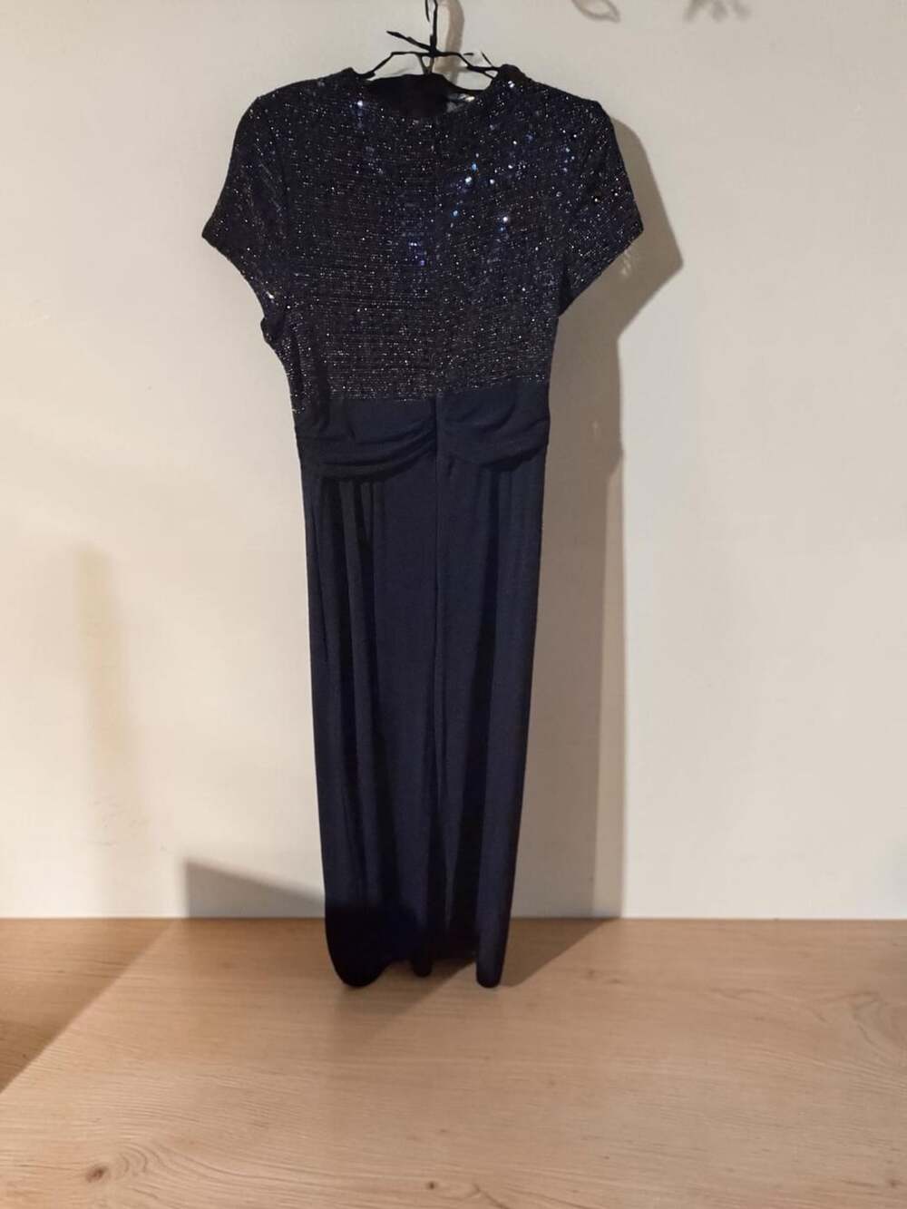R&M Richards Navy Sequin Flutter Sleeve Belted Formal Gown Style 9786